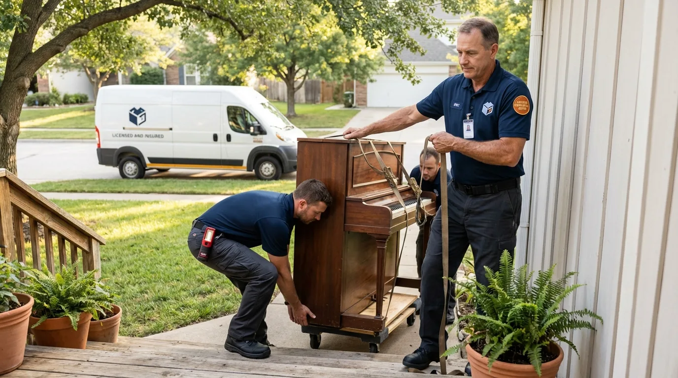 Licensed piano movers securing grand piano in Trenton, GA
