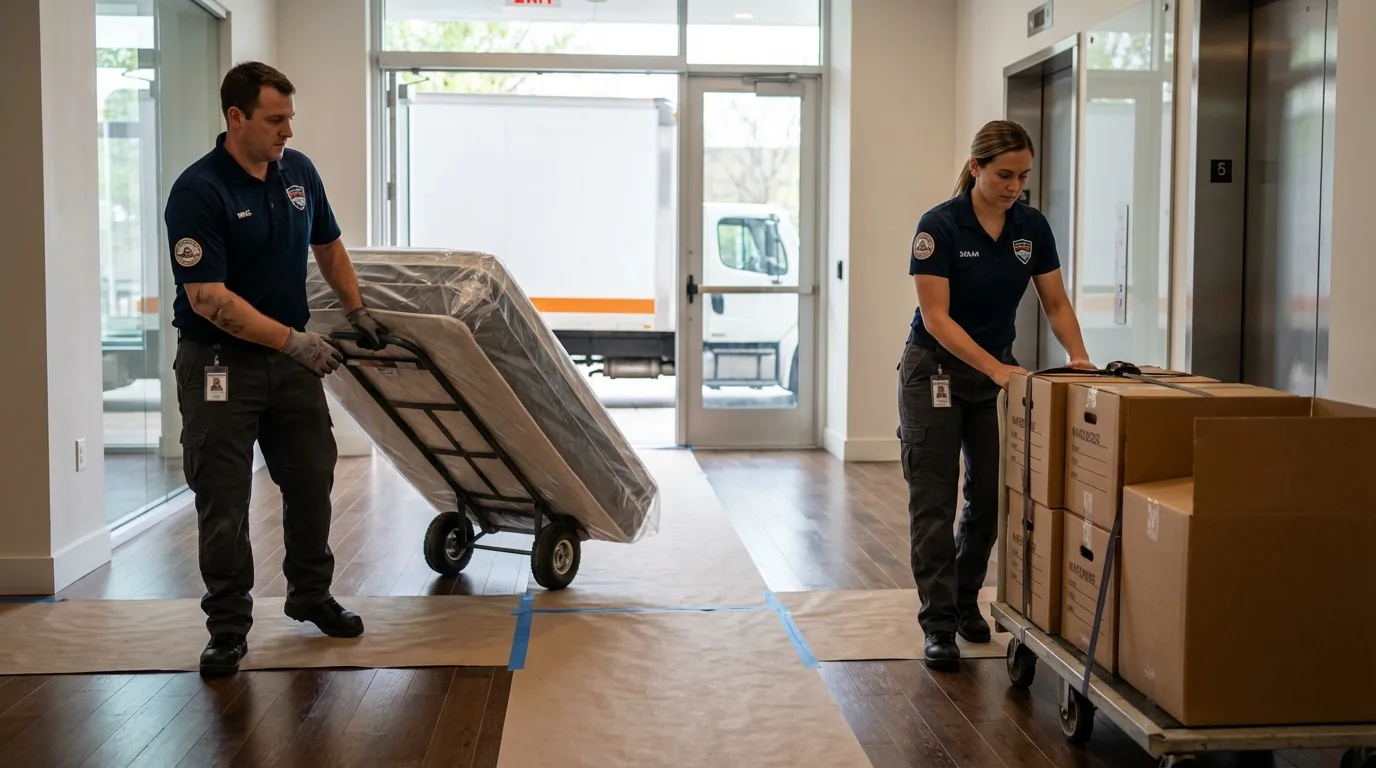 Professional apartment movers loading elevator in Trenton, GA