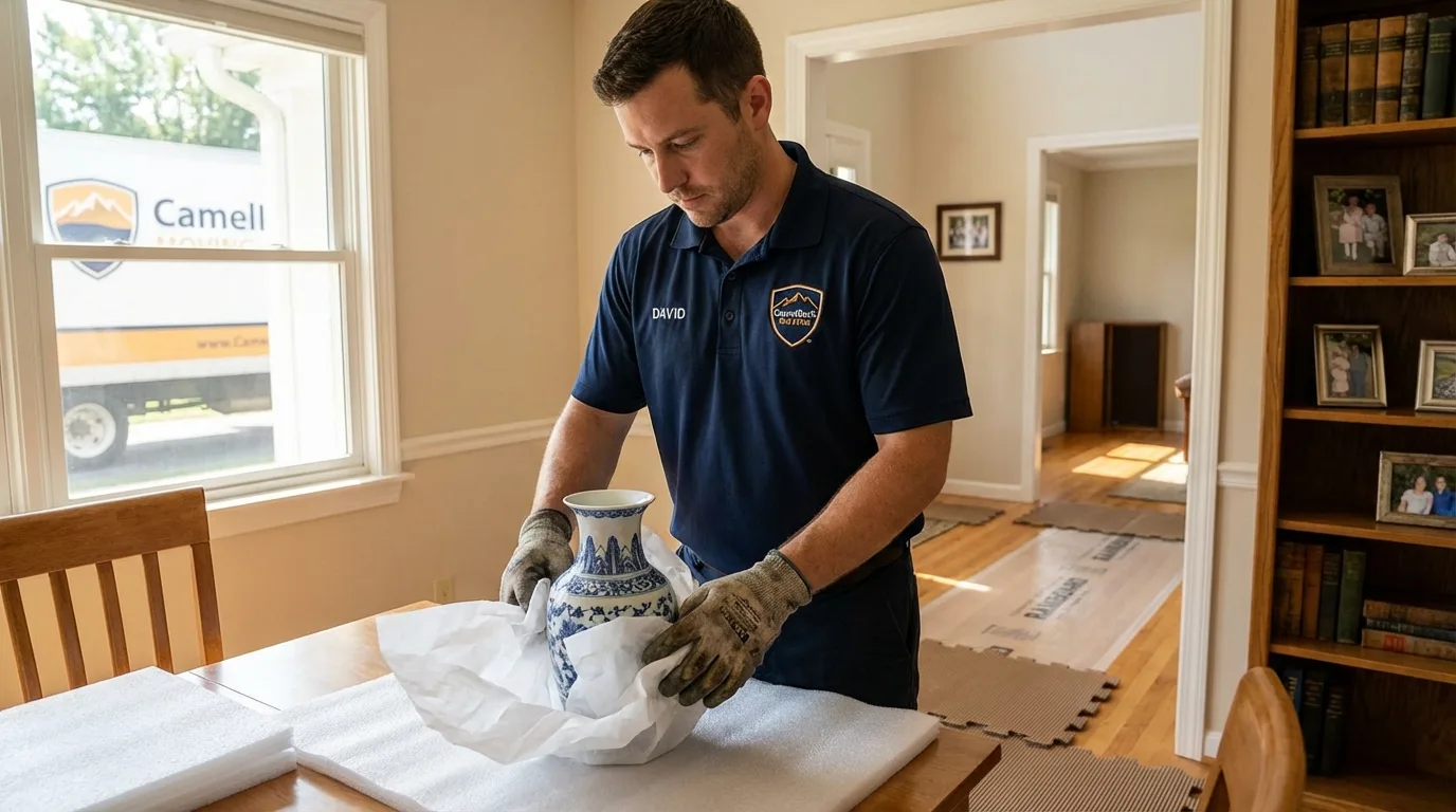 Professional crew carefully wrapping antique vase for senior downsizing move in Trenton, GA